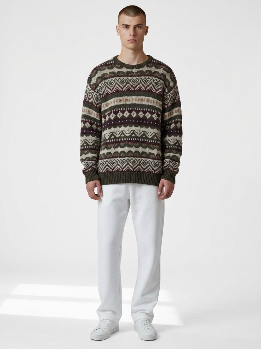 Patterned Crewneck Sweater in Olive and Cream
